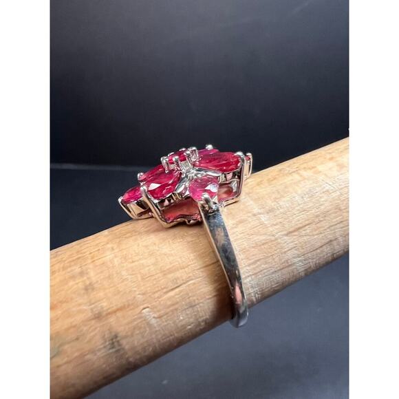 Vintage ruby flower cluster sterling silver ring size 7 - Picture 5 of 16